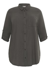 Chemise à manches longues gris foncé avec boutons, poche poitrine et manches retroussées, conçue pour une coupe décontractée.