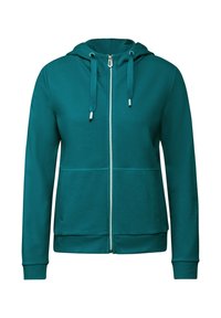 Teal zip-up hoodie med en texturerad tyg, justerbara snoddar, framfickor och ribbade muddarna. Dragkedjestängning och hel huva.