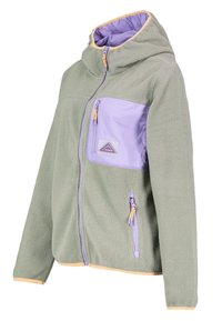 Chaqueta de forro polar en verde oliva con un bolsillo en el pecho color lila y cremallera. Presenta una capucha, un ribete contrastante y dos bolsillos laterales con cremallera.