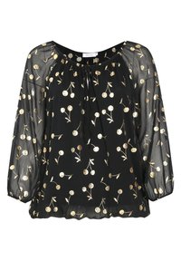 Blouse noire avec motifs circulaires métalliques dorés et motifs de feuilles. Dotée d'un col froncé avec lien et de manches amples. Tissu semi-transparent.