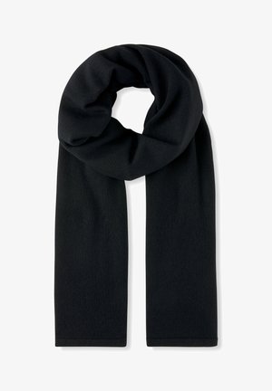 Schwarzer Schal aus weichem, strukturiertem Stoff, mit glatter Oberfläche und langem, rechteckigem Format, an den Enden abgerundet.