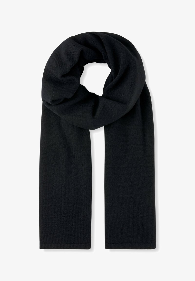 Sciarpa nera realizzata in un morbido tessuto testurizzato, con una superficie liscia e forma lunga e rettangolare, con estremità arrotondate.