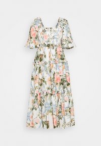 Vestido maxi floral con mangas cortas acampanadas, escote cuadrado, cuerpo fruncido y falda en capas. Presenta patrones florales en rosa, azul y verde.