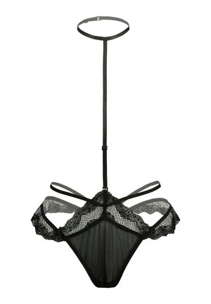 Slip da donna in pizzo nero e rete con cinturino regolabile al collo e spalline laterali stile reggicalze.