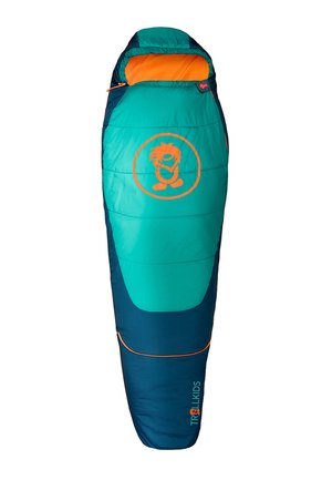 Blauer und türkiser Kindermumienschlafsack mit orangefarbener Innenausstattung, Monster-Logo und "TROLLKIDS" Schriftzug unten rechts.