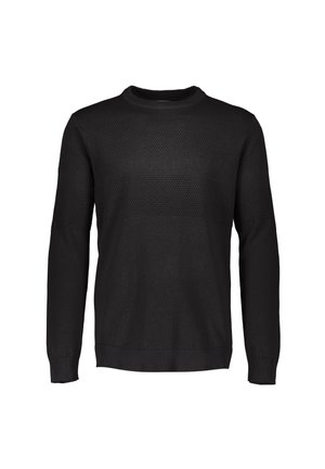 Schwarzer Strickpullover mit Rundhalsausschnitt, der strukturierte lässige Streifen und gerippte Bündchen und Saum aufweist. Glattes, leichtes Material.