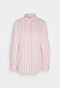 Chemise manches longues boutonnée avec rayures verticales roses et blanches, col pointu, poche poitrine et manches avec poignets.