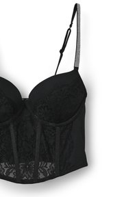 Bustier in pizzo nero con coppe imbottite e sagomate; presenta cuciture definite, dettagli in pizzo sulla parte anteriore e spalline regolabili decorate.