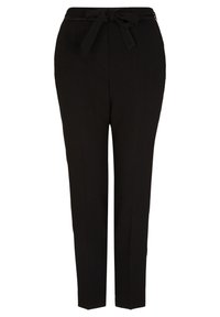 Svarta skräddarsydda byxor med en figurnära design, utrustade med ett slipsbälte i midjan och sidofickor, tillverkade av ett glatt tyg.