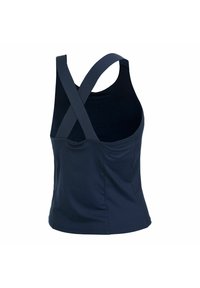 Marineblauwe atletische tanktop met gekruiste banden, een strakke pasvorm en lichte stof. Soepele textuur zonder zichtbare patronen of hardware.