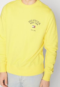 Gelbes Sweatshirt mit Rundhalsausschnitt, gesticktem "HILFIGER NEW YORK"-Logo, blauem und rotem Flaggenmotiv sowie gerippten Bündchen und Saum.