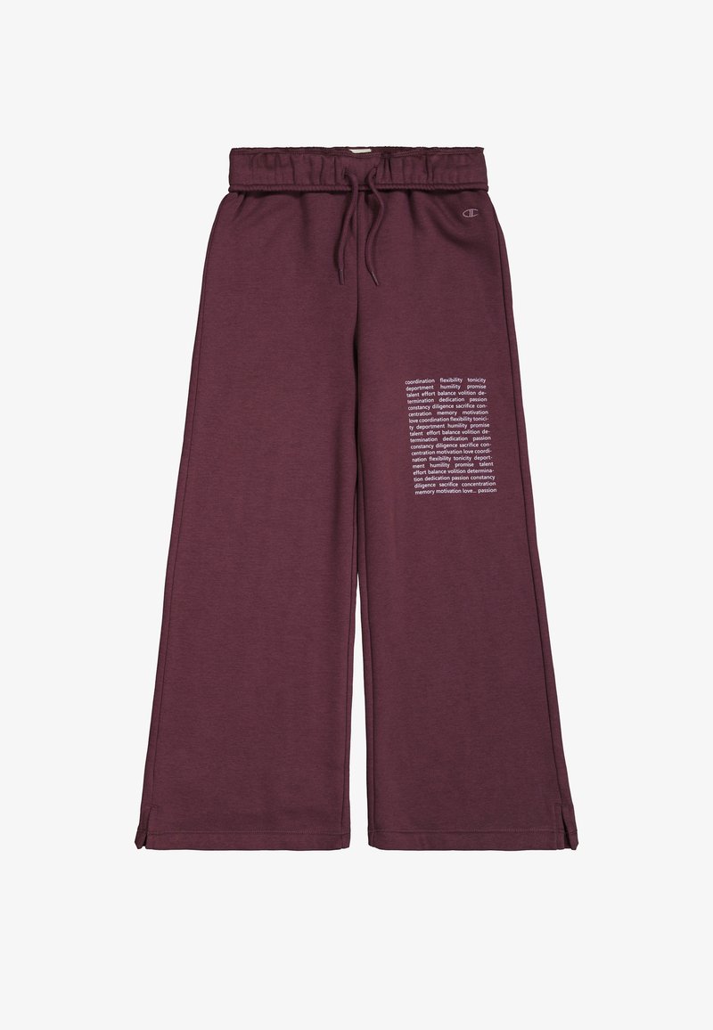 Pantalones de chándal anchos en color burdeos con cinturilla elástica, cordón ajustable y texto impreso en la pierna izquierda. Fabricados con un tejido suave y texturizado.