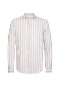 Lichte linnen overhemd met verticale beige en witte strepen, een puntige kraag en een knoopsluiting aan de voorkant. Lange mouwen met knoopmanchetten.