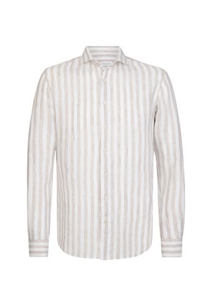 Camisa de lino ligera con rayas verticales beige y blancas, cuello puntiagudo y cierre delantero con botones. Mangas largas con puños abotonados.