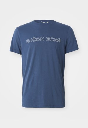T-shirt in cotone blu navy con il testo "BJÖRN BORG" in bianco, carattere tondeggiante, centrato sul davanti, con maniche corte e scollo rotondo.