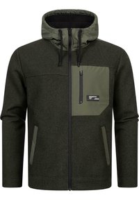 Dark green jacket with a wool-like texture, detachable hood, zippered chest pocket, and two side pockets with contrasting lighter green accents.