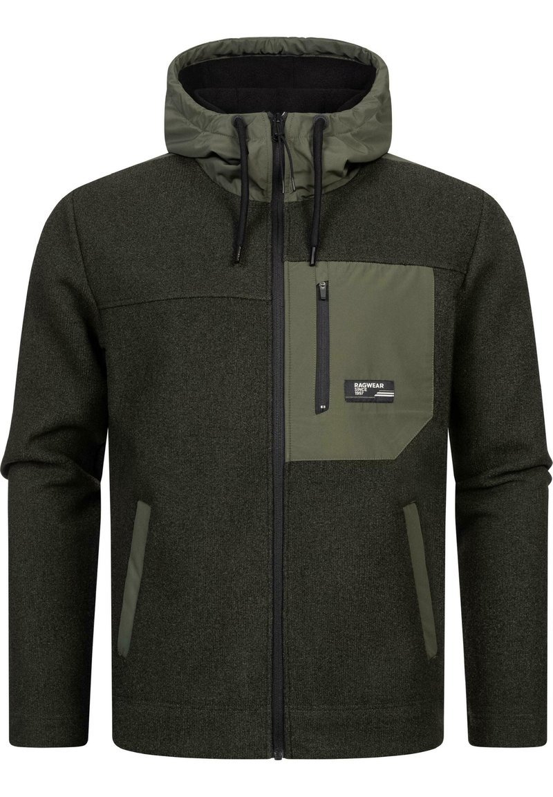 Dark green jacket with a wool-like texture, detachable hood, zippered chest pocket, and two side pockets with contrasting lighter green accents.