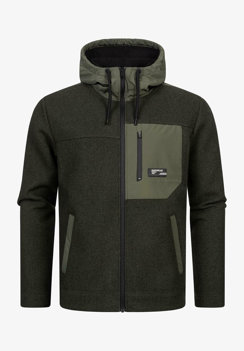 Tume roheline jakk villalaadse tekstuuriga, eemaldatav kapuuts, lukuga rinna-tasku ja kaks küljetaskut, mis on kontrastsete heledama rohelise aktsendiga.