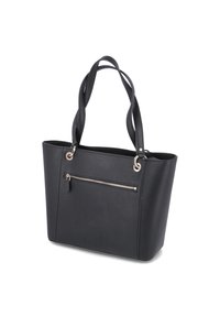 Borsa tote in pelle nera con doppie tracolle e una tasca anteriore con zip, mostrata su uno sfondo bianco.