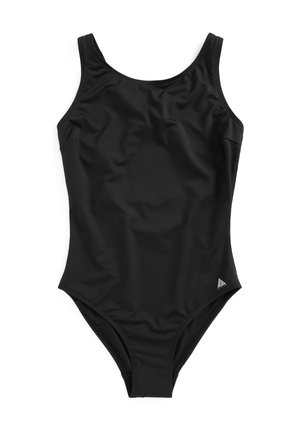 Bañador de una pieza negro hecho de tela suave. Presenta tirantes anchos, una pierna de corte alto y un pequeño logo en la esquina inferior derecha.