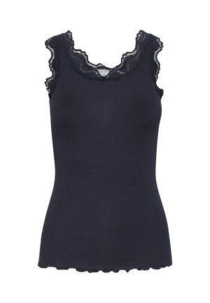 Camiseta sin mangas azul marino hecha de tela acanalada, con un escote y bordes de encaje con borde festoneado para mayor detalle.