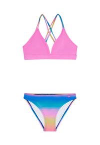 Svijetloružičasti bikini top s križnim trakama, uparen s donjim dijelom bikinija u gradijentnoj plavoj i ružičastoj boji. Glatki materijal i prilagođeni dizajn.