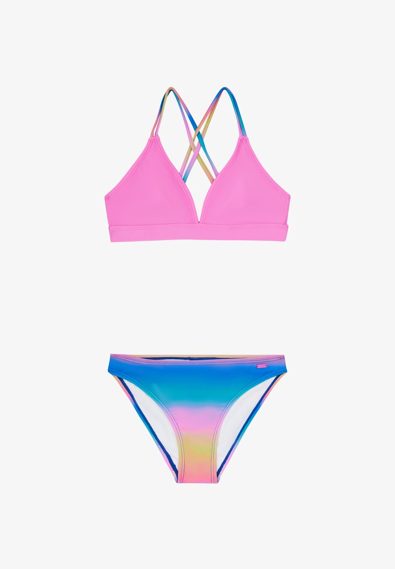 Ryškiai rožinė bikini viršutinė dalis su kryžminiais dirželiais, derinama su gradientiniu mėlynai rožiniu bikini apatine dalimi. Sklandus audinys ir prigludęs dizainas.