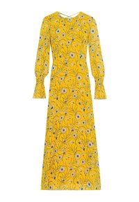 Robe maxi jaune à manches longues avec imprimé floral blanc et bleu, col montant et poignets légèrement évasés.