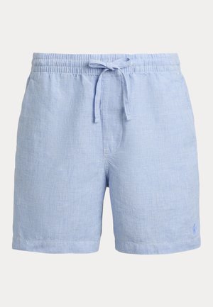 Lys blå herrebadeshorts med lite rutemønster, elastisk midje og knyting foran.