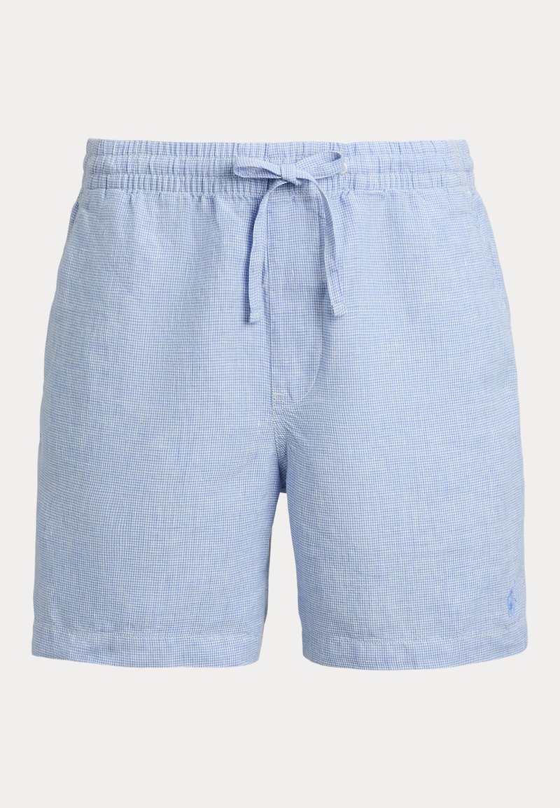 Short de bain homme bleu clair avec petit motif à carreaux, taille élastique et cordon de serrage à l'avant.