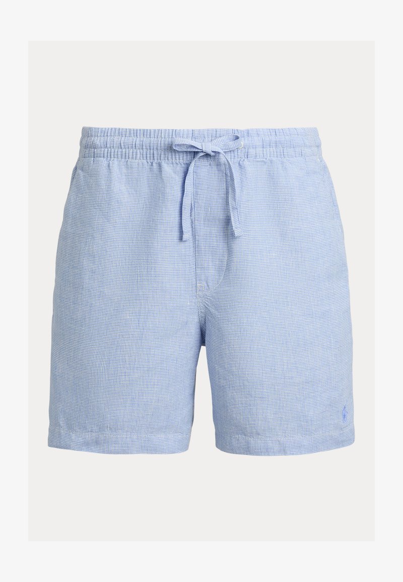 Short de bain homme bleu clair avec petit motif à carreaux, taille élastique et cordon de serrage à l'avant.