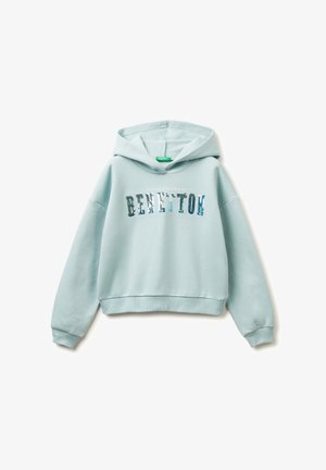 Light blue hoodie made of soft fabric, featuring a logo "BENETTON" in shiny, sequined letters. Has a drawstring hood and ribbed hem.