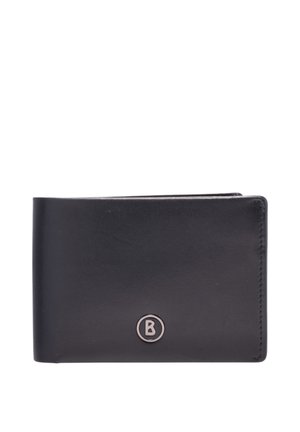 Black leather bifold wallet with a small round metal emblem featuring the letter B on the front bottom center.