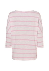 Lightweight, soft, long-sleeved top in white with pink horizontal stripes, featuring a boat neck and relaxed fit.