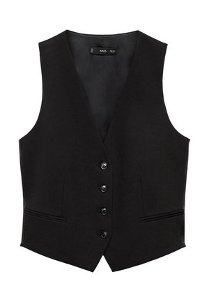 Schwarzweste mit V-Ausschnitt, sechs Knöpfen und zwei vorderen Taschen. Hergestellt aus glattem Stoff mit schlanker Passform und ohne Muster.