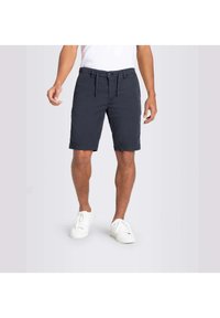 Marineblaue Shorts mit lockerem Schnitt, ausgestattet mit einem Knopf- und Zugbandverschluss, Seitentaschen und einem glatten Baumwollmaterial.