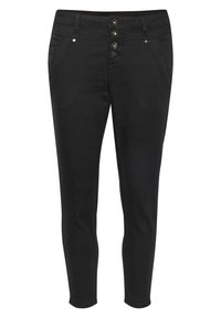 Jeans ajustados negros de tela vaquera, con un cierre frontal de cinco botones, dos bolsillos frontales y una textura suave.