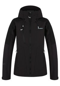 Black softshell jacket with a hood, featuring zippered pockets, drawstring adjustment, and textured accents on sleeves.