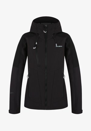 Schwarze Softshell-Jacke mit Kapuze, ausgestattet mit Reißverschlusstaschen, Kordelzugverstellung und strukturierten Akzenten an den Ärmeln.