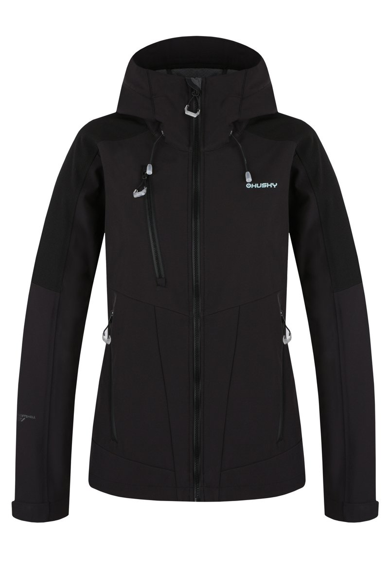 Black softshell jacket with a hood, featuring zippered pockets, drawstring adjustment, and textured accents on sleeves.