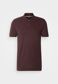 Polo marron foncé à manches courtes avec deux boutons, un col et un logo discret "BOSS" sur la poitrine gauche.