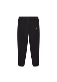 Pantalones de chándal negros con cintura elástica, dos bolsillos laterales y puños elásticos. Presenta un pequeño detalle bordado de una rosa en el muslo izquierdo.