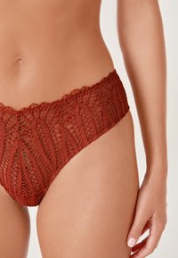 Perizoma in pizzo rosso ruggine con motivo floreale, vita scallop e tessuto trasparente, progettato per un aspetto aderente.