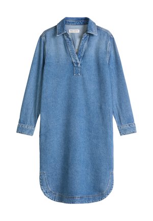 Abito camicia in denim azzurro chiaro a maniche lunghe, con colletto, scollo a V e orlo curvo.