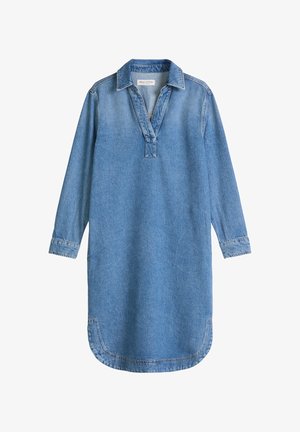 Long-sleeve light blue denim shirt dress with collar, v-neck, and curved hem.