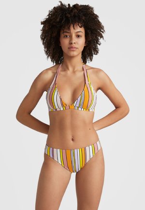 Ensemble de bikini avec un haut à nouer autour du cou. Fabriqué en tissu extensible, avec des rayures verticales en orange, jaune, violet et rose. Surface texturée.
