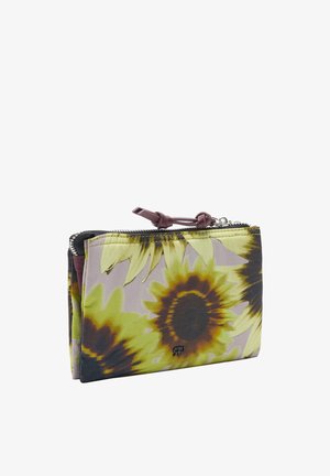 Torba na zamek błyskawiczny w kwiatowym materiale z wzorem słoneczników w kolorze żółtym i brązowym na stonowanym tle; zawiera purpurowy pasek akcentujący.