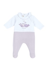 Body neonato bianco e lilla chiaro con maniche lunghe, gambe a coste, colletto arricciato e design ricamato di una balena con cuori.