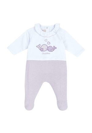 Body neonato bianco e lilla chiaro con maniche lunghe, gambe a coste, colletto arricciato e design ricamato di una balena con cuori.
