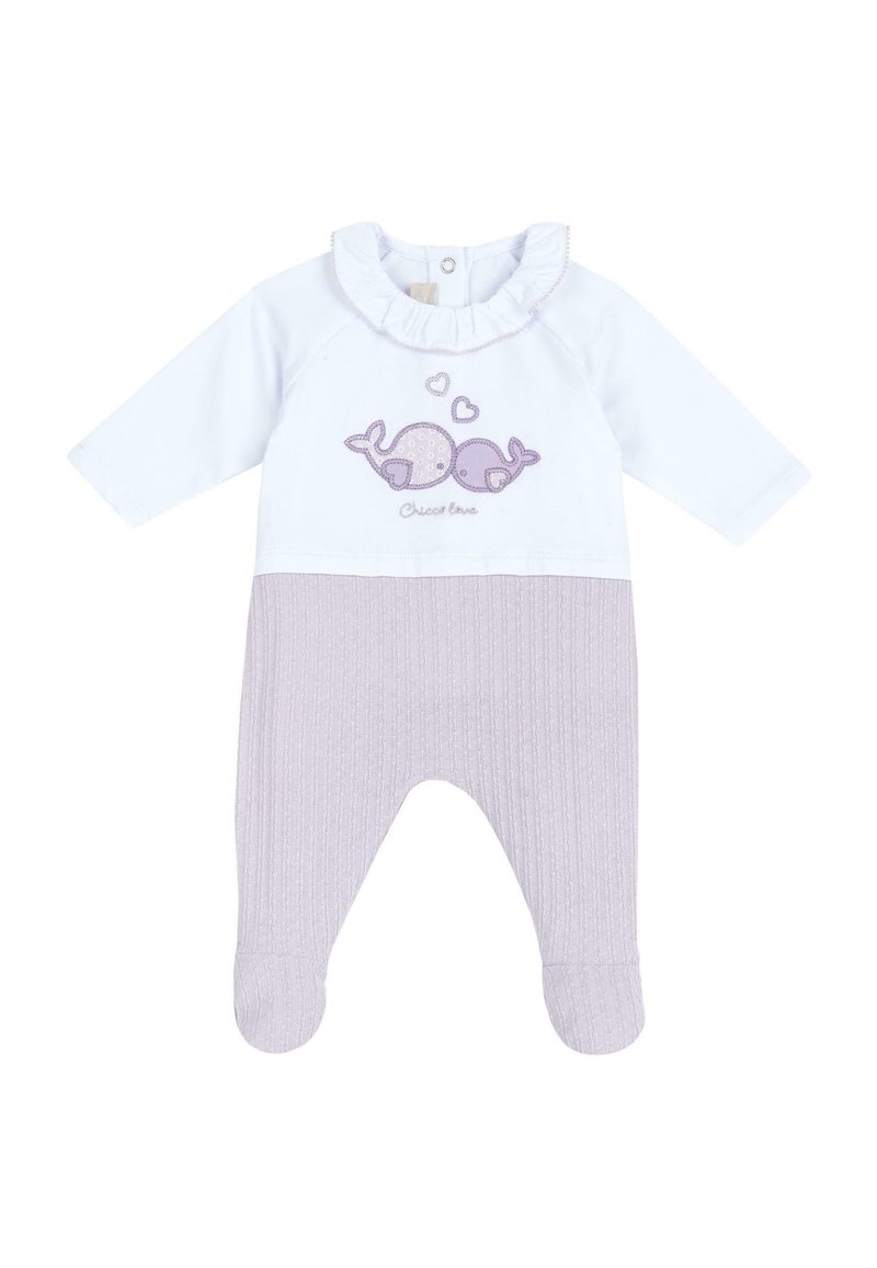 Body neonato bianco e lilla chiaro con maniche lunghe, gambe a coste, colletto arricciato e design ricamato di una balena con cuori.